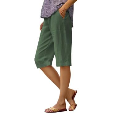 Imagem de Calça feminina casual solta de algodão com cintura elástica cropped perna larga plus size calça casual para mulheres 4x-5x, Verde, GG