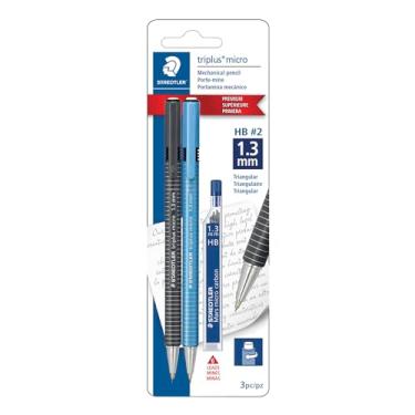 Imagem de STAEDTLER Lápis micro mecânicos Triplus, grafite nº 2 de 1,3 mm com borracha giratória, aderência triangular ergonômica, inclui 6 recargas, chumbo resistente a quebras, pacote com 2