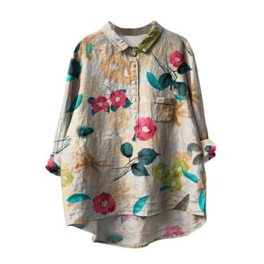 Imagem de Camiseta feminina de linho com estampa de flores, ajuste solto, gola lapela, botões, manga comprida, blusas casuais, Caqui, G