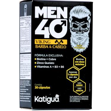 Imagem de Katiguá Men 40 Viking Barba E Cabelo Com Biotina + Cobre Zinco Quelato Vitamina A + B3 + B6 Sem Sabor Para Homens 30 Cápsulas Rígidas • 30 Doses Preto