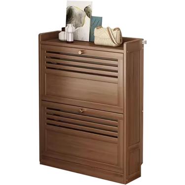 Imagem de Armário de sapatos estreito de bambu, armário de sapatos com portas rebatíveis de 2/3, organizador de calçados Armários de entrada finos para corredor doméstico, quarto e corredor, largura 1