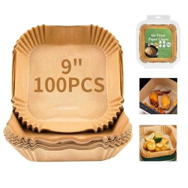 Imagem de Forro de papel descartável Air Fryer quadrado de 23 cm, 100 peças de forros de papel grandes para fritadeira a ar de 6-10 litros, papel pergaminho antiaderente para fritar, vaporizar, assar, microondas etc