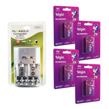 Imagem de Kit 4 Bateria Recarregável 9v Elgin + Carregador Aa/aaa/9v Bateria Pilha
