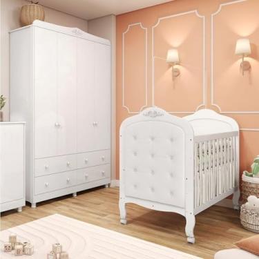 Imagem de Quarto de Bebê Berço com Capitonê e Guarda Roupa 4 Portas Maya Clássico Espresso Móveis Branco Brilho/Branco