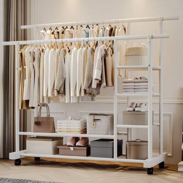 Imagem de Cabide de chão, cabide de chão, cabide multifuncional duplo, cabide com rodízios, para quarto, camada dupla, fácil de montar, B, 150x42x143CM