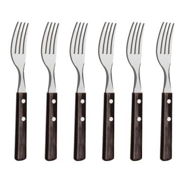 Imagem de Kit Garfos de Mesa Polywood Castanho 6 Peças em Aço Inox Churrasco Coz