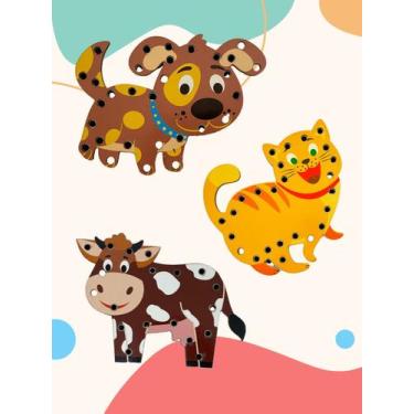 Imagem de Kit 3 Alinhavos Animais Brinquedo Educativo Montessori Cachorro Gato V