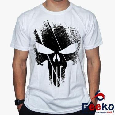 Imagem de Camiseta O Justiceiro 100% Algodão The Punisher Geeko, Branco gola car