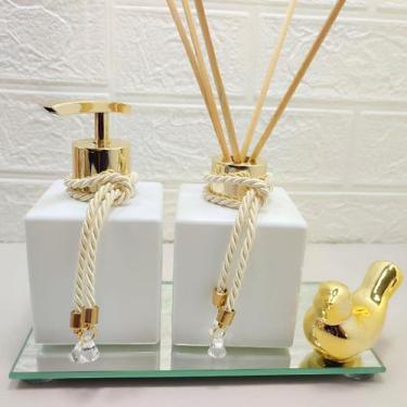 Imagem de Kit Lavabo Difusor Porta Sabonete Líquido Bandeja Espelhada Enfeite De