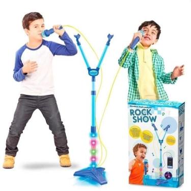 Imagem de Microfone Duplo Infantil Luz E Som Conecta Celular MP3 Azul - Yeet