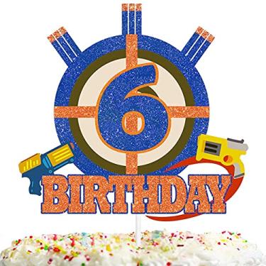 Imagem de Gun Target Cake Topper Pick for Boys Girls 6th Birthday Dart Bullet War Theme Party Decoration Supplies Gun Shooting Crosshairs Glitter Cake Decor for Cheer to 6 Years Old