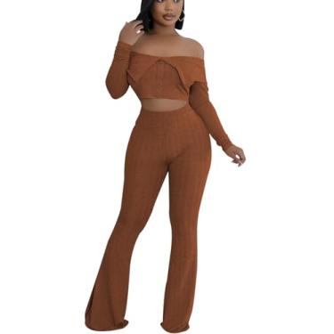 Imagem de Bluewolfsea Conjunto feminino sexy de 2 peças de tricô de manga comprida com ombro de fora e calça flare, Marrom, XGG