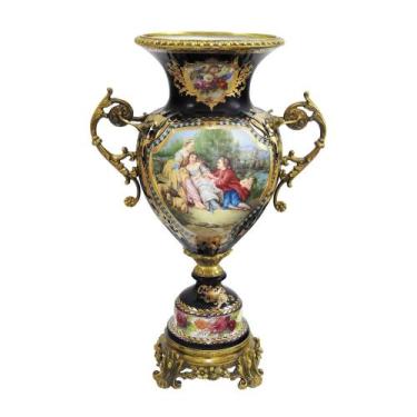 Imagem de Ânfora Vaso Porcelana Azul Escuro Pintura Dama Ouro Luxo - LUXdécor