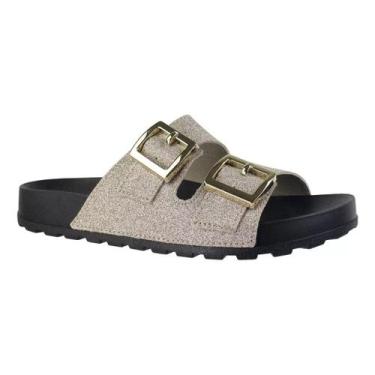 Imagem de Chinelo Moleca Slide Duas Tiras Feminino Dourado, Dourado, Preto, 35