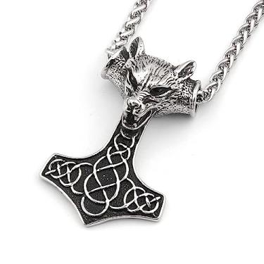 Imagem de Colar BaviPower cabeça de lobo Viking Thor Mjolnir martelo 4 mm corrente de quilha aço inoxidável asatru pagan joia para homens e mulheres