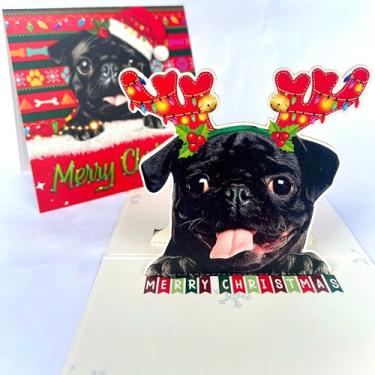 Imagem de Cartão Pop Up de Natal Pug preto – Cartão comemorativo 3D com cachorro Pug com chifres de rena, perfeito para amantes de cães, vale-presente de Natal exclusivo para amigos e familiares