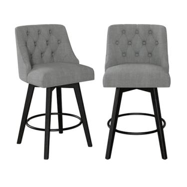 Imagem de Erdoru Bancos de bar com altura giratória, bancos de cozinha estofados com encosto, cadeiras de cozinha de tecido de linho de 67 cm com apoio para os pés e pernas de madeira maciça para ilha de