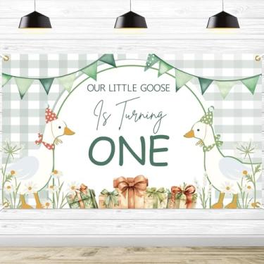 Imagem de Our Little Goose is Turning One Backdrop, decorações de festa de 1º aniversário de ganso verde tolo pano de fundo para bebês meninos tema animal de fazenda suprimentos de festa de 1º aniversário, 5,9