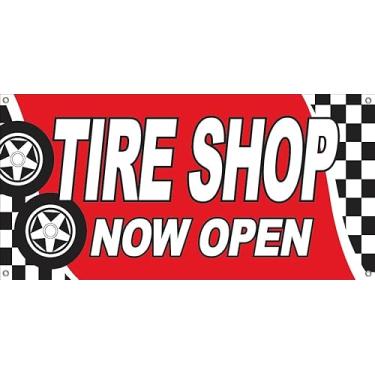 Imagem de 4LessCo 6 x 10 m Tire SHOP NOW OPEN Banner tecido placa de poliéster, com ilhós, rb