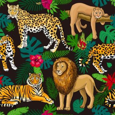 Imagem de CHIHUT Papel de parede autoadesivo de folhas tropicais 45 x 599 cm ouro leopardo tigre leão papel de contato rolo de papel de parede floral escuro removível para prateleiras de quarto de berçário