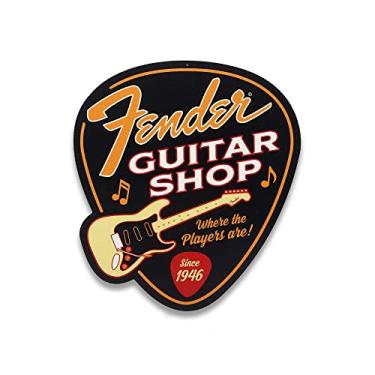 Imagem de Placa de metal em forma de palheta Fender Guitar Shop - Placa vintage para sala de música ou caverna masculina