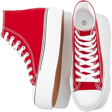 Imagem de FRACORA Tênis feminino de lona de cano alto branco e preto com cadarço, Vermelho, 37