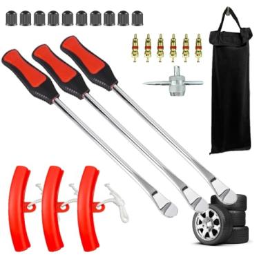 Imagem de Kit de reparo de pneu de 24 peças para motocicleta, bicicleta suja, quadriciclo – Colheres de pneu resistentes de 14,5 polegadas com protetores de aro, removedor de núcleo de válvula, bolsa de