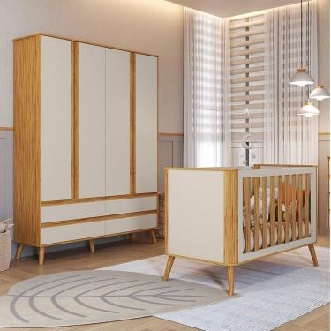 Imagem de Quarto de Bebê com Guarda-roupa 4 Portas e Berço Minicama 100% Mdf Luly Espresso Móveis Off White/Amêndoa