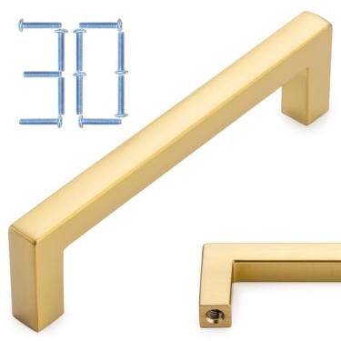 Imagem de KOOFIZO Pacote com 30 puxadores de armário de barra quadrada sólida - Puxador de móveis de ouro escovado, distância de tela de 76 mm para porta de armário de cozinha, gaveta de cômoda de quarto,