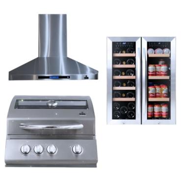 Imagem de Kit Churrasqueira a Gás 100% 3 Queimadores + Coifa Inox Touch + Adega e Refrigerador Touch Em Inox Coifa 110 e Adega
