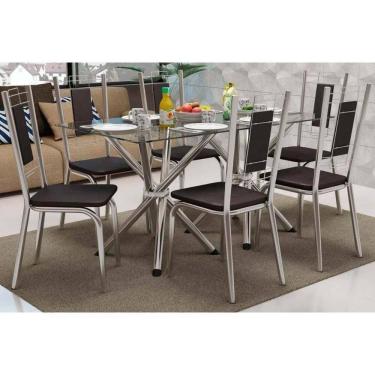 Imagem de Sala De Jantar Volga Com Tampo De Vidro 150x80cm E 6 Cadeiras Florença Cromada Preto