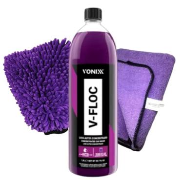 Imagem de Vonixx Kit Lavagem Automotiva V-Floc, Shampoo 1,5L com Flanela e Luva de Microfibra Roxa