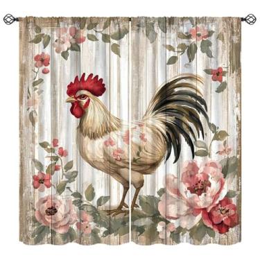 Imagem de Cortina de cozinha retrô de galo vintage, tratamento floral para janela para cozinha de fazenda, café, sala de jantar, decoração vintage, cortinas de janela 106,7 cm L x 114,3 cm C
