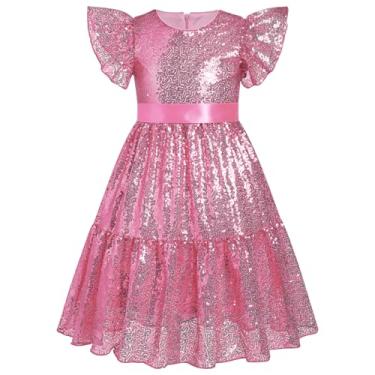 Imagem de OBEEII Vestido de paetê, manga com babados, brilhante, evasê, vestido de festa com cinto, vestido de aniversário de princesa, vestido de casamento, concurso de convidada, vestido de Natal para meninas