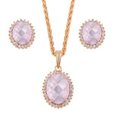 Imagem de LMDPRAJAPATIS Conjunto de colar e brinco de ouro de quartzo rosa natural para noivas femininas, uso diário, Pedra preciosa, ouro rosa