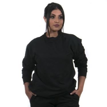 Imagem de Moletom Gola Careca Blusa de Frio sem Capuz Lisa Feminino cor Preto - 