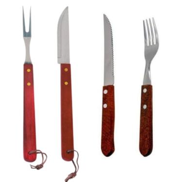 Imagem de Kit Talheres para Churrasco 14 Peças Aço Inox/ Cabo Madeira