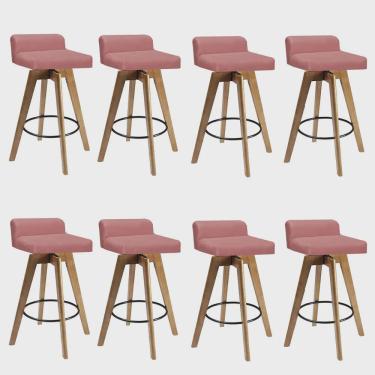 Imagem de Kit 08 Banqueta Alta Com Encosto Giratória Rute Madeira Balcão Bistrô Cozinha Suede Rose Gold - Ahz Móveis
