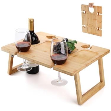 Imagem de Peohud Mesa de piquenique portátil de vinho, bandeja dobrável para lanche de champanhe, mesa de piquenique ao ar livre de madeira com suporte de vidro para parque, praia, acampamento, cama, presente
