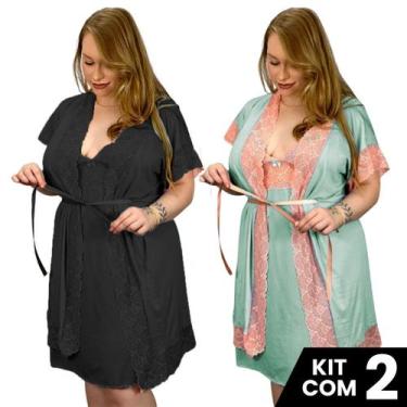 Imagem de Kit 2 Robes Roupão e 2 Camisolas Amamentação Plus Size Roupa de Dormir