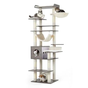 Imagem de HarmoHaby Árvore de gato para gatos grandes, 167 cm, torre de vários níveis com postes para arranhar, condomínio, poleiros, rede, túnel e estação de alimentação, retrô cinza escuro