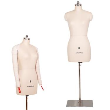 Imagem de Parfumfloral Manequim De Costura Feminino Com Braços, Tamanho 8, Profissional Para Exibição E Design Alfaiataria, Tronco Ajustável Em Altura Base Metal Estável (Bege, 8)