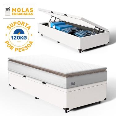 Imagem de Cama Box Baú com Colchão de Molas Ensacadas Pillow Top Neve Solteiro 88cm