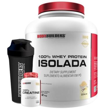 Imagem de Kit Whey Protein 100% Isolada 2kg + 100% Creatina 100g + Coqueteleira - Bodybuilders (Médio, Baunilha)