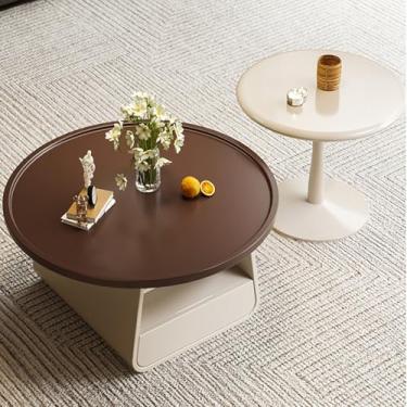 Imagem de AKALNNB Conjunto de 2 mesas de encaixe redondas, gavetas de cabeça dupla + espaço de armazenamento aberto, mesas de centro com trilhos suaves e silenciosos, para sala de estar, quarto