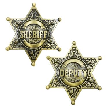 Imagem de SQEYYGI Pacote com 2 emblemas de xerife, crachá de xerife de metal para crianças, meninas e adultos, distintivo de colete da polícia ocidental, decoração de festa de caubói prêmios de carnaval