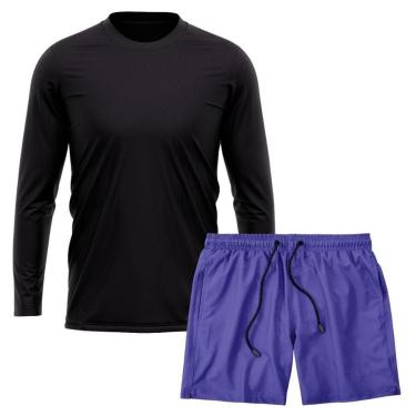 Imagem de Kit Camiseta Manga Longa Dry Preta + Short Tactel Academia Caminhada Gênero:Homem;Tamanho:M;Cor:-Masculino