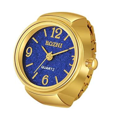 Imagem de JewelryWe Relógio de dedo masculino feminino banhado a ouro e prata anel elástico com mostrador redondo de glitter relógio de quartzo, para o dia dos namorados, Dourado, azul