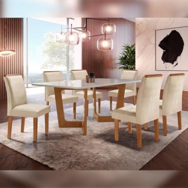 Imagem de Conjunto Sala De Jantar Nápoles Tampo Vidro/Mdf Com 6 Cadeiras Luísa Smart Plus Cel Móveis Cinamomo/Off White/Bege