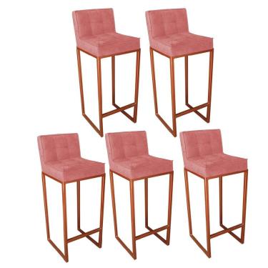 Imagem de Kit 05 Banqueta Alta Linne Com Encosto Cozinha Bar Balcão Bistrô Ferro Bronze Suede Rose Gold